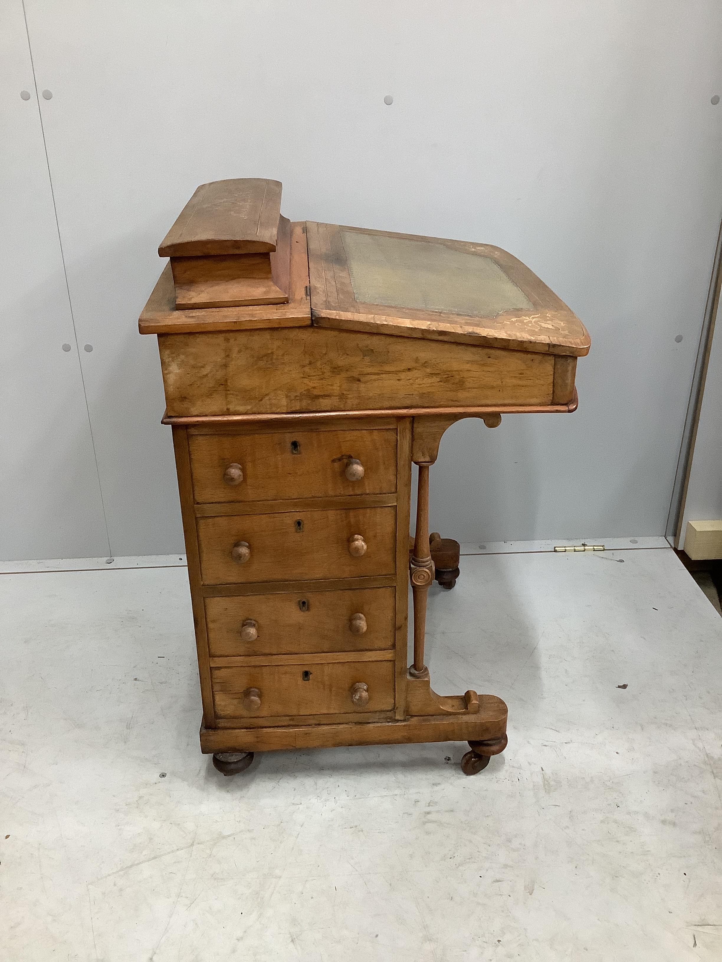A late Victorian inlaid walnut Davenport, width 52cm, depth 54cm, height 81cm